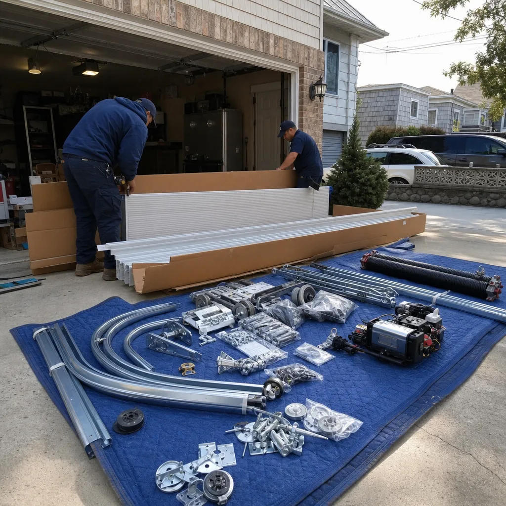 Two technicians organizing professional garage door installation components and hardware.
