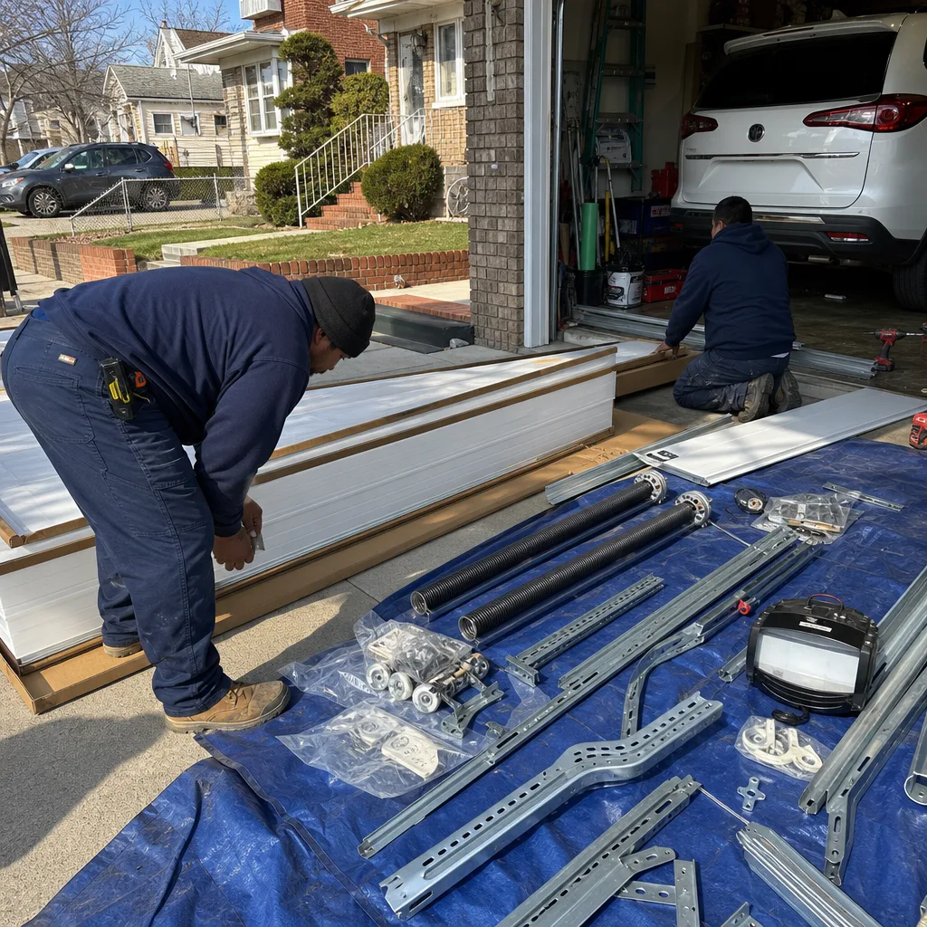 Two professional garage door installers preparing parts for a new door installation.