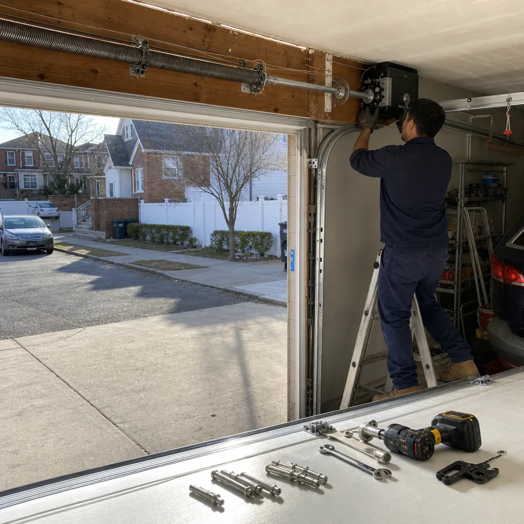 Technician performing professional garage door opener repair