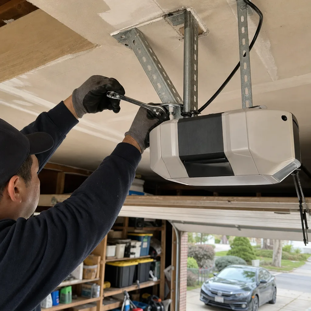 Technician using a wrench for professional garage door opener repair