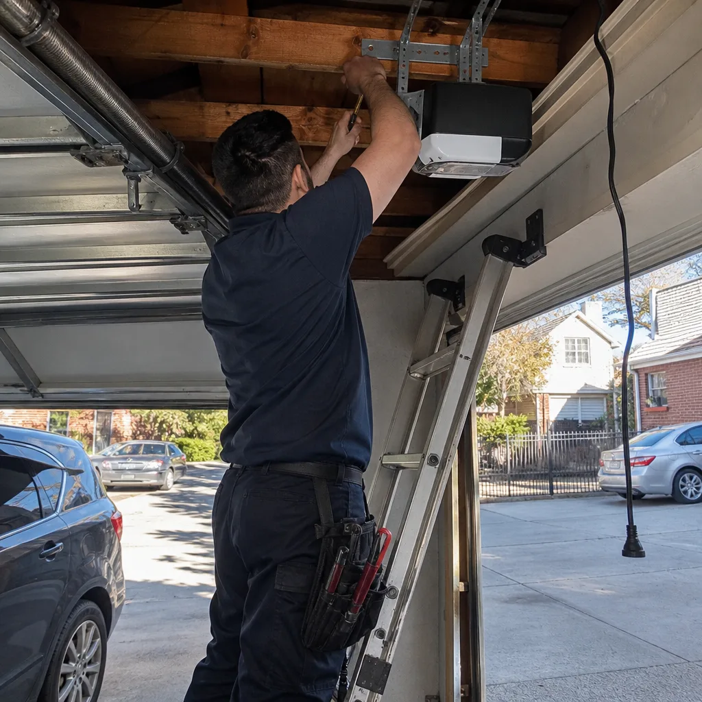 Professional technician performing garage door opener repair